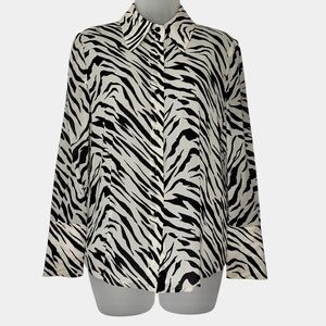 ST JOHN Women's Tiger Animal Print Cream & Black Semi Sheer Blouse Top Y2K‎ Sz 4